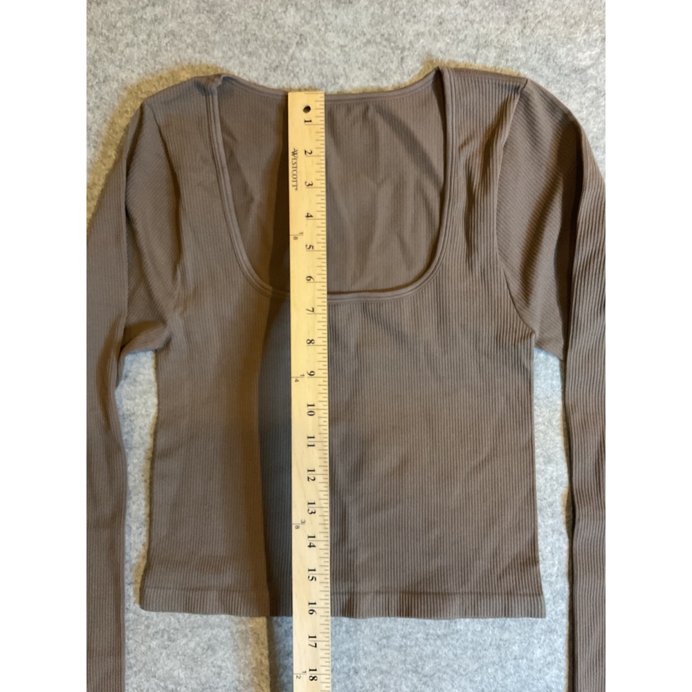 QQQ Women Brown Ribbed Square Neck Long Sleeve Seamless Crop Top Large - Picture 6 of 7